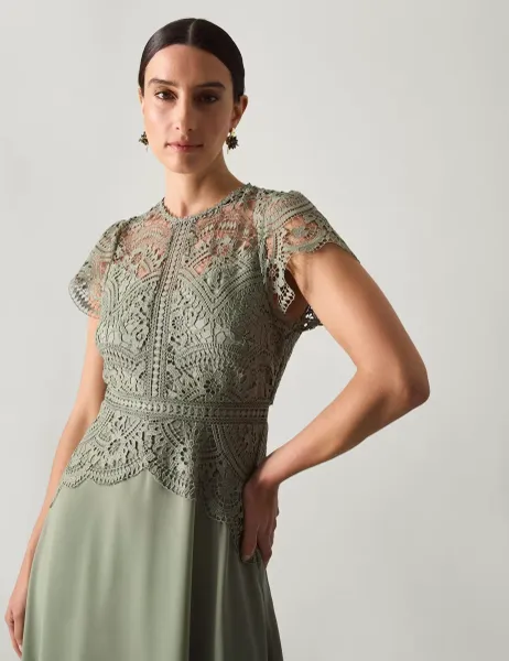Monsoon Lace Round Neck Maxi Skater Dress Light Green