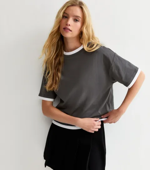 Women's Dark Grey 2-in-1 Short Sleeve Boxy T-Shirt