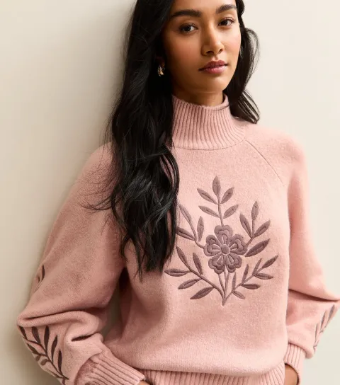 Women's Pink Floral Embroidery High Neck Jumper