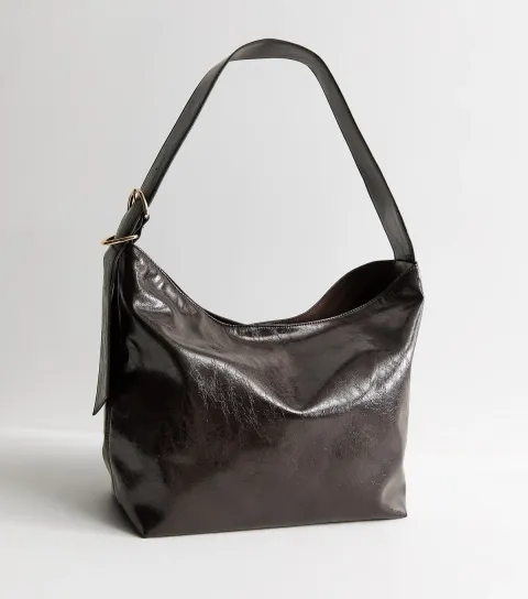 Dark Brown Faux Leather Buckle Detail Hobo Shoulder Bag Vegan