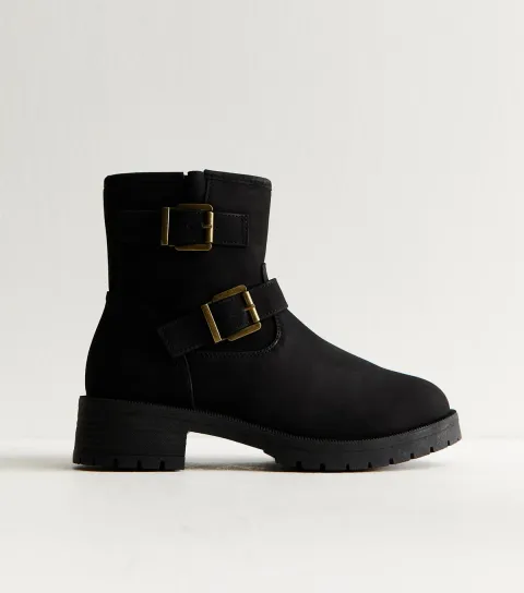 Women's Black Faux Suede Buckle Boots Vegan