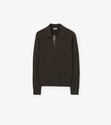 Long-sleeve Wool Polo Shirt in Chocolate brown