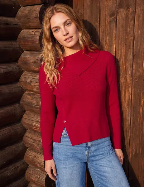 Roman Rayon Blend Open Neck Button Detail Jumper Red Mix