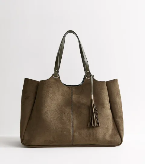 Light Khaki Faux Suede Shopper Tote Bag