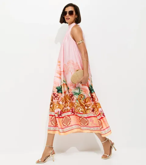Women's Pink Tropical Print Halter Neck Satin Midi Dress