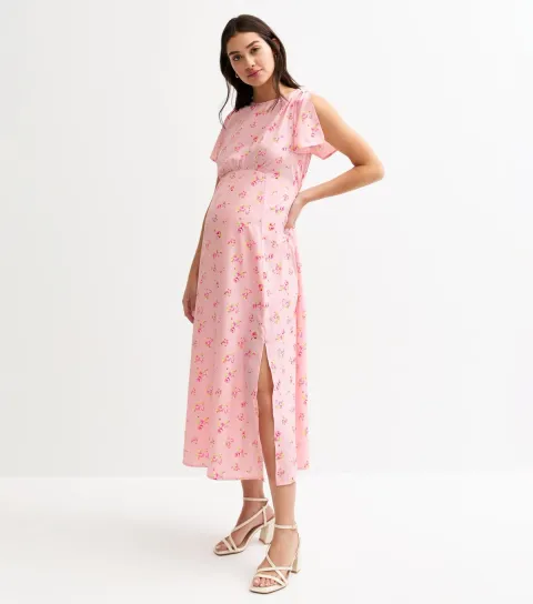 Women's Maternity Pink Floral Print Flutter Sleeve Midi Dress