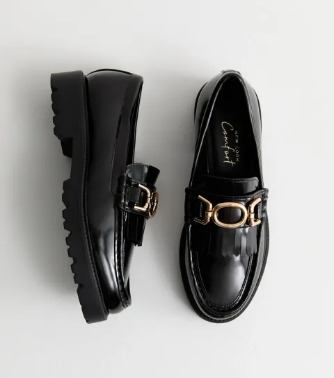 New Look Women's Black Patent Leather-Look Tassel Trim Loafers