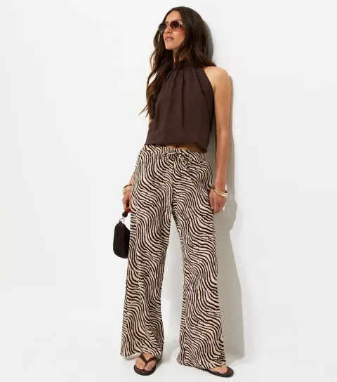 Women's Petite Brown Zebra Print Crinkled Wide Leg Trousers
