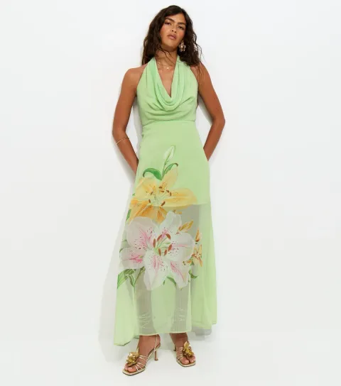 Women's Green Lotus Print Cowl Neck Halter Midi Dress