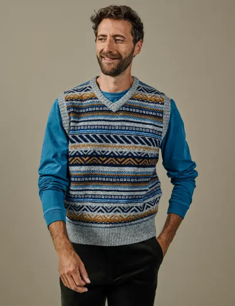 Pure Wool Fair Isle Sleeveless V Neck Knitted Vest Grey Mix
