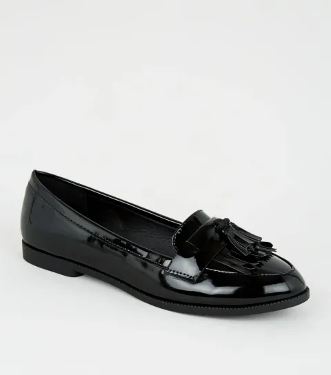 Women's Wide Fit Black Patent Tassel Loafers Vegan