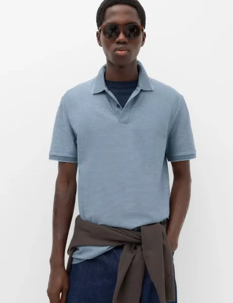 Marks & Spencer Cotton Rich Striped Short Sleeve Polo Shirt Light Airforce