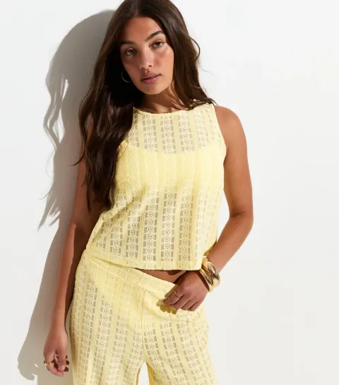 Women's Light Yellow Lace Tie Back Beach Sleeveless Top