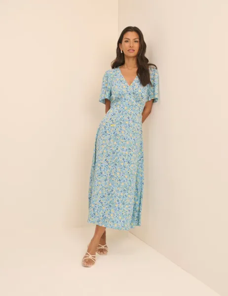 Nobody's Child Floral V-Neck Angel Sleeve Midi Tea Dress White