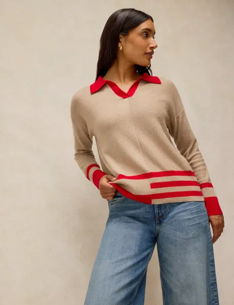 White Stuff Cotton with Merino Wool Collared Jumper Natural Mix