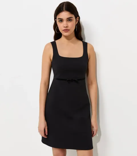 Women's Black Cotton Rich Velvet Underbust Bow Ponte Jersey Mini Dress