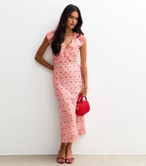 New Look Women's Pink Rose Print Ruffle Midi Dress