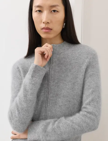 Marks & Spencer Wool Rich Brushed Zip Up Cardigan with Cashmere Mid Grey Marl