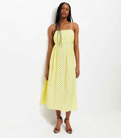 Women's Yellow Spot Print Cami Godet Midi Dress