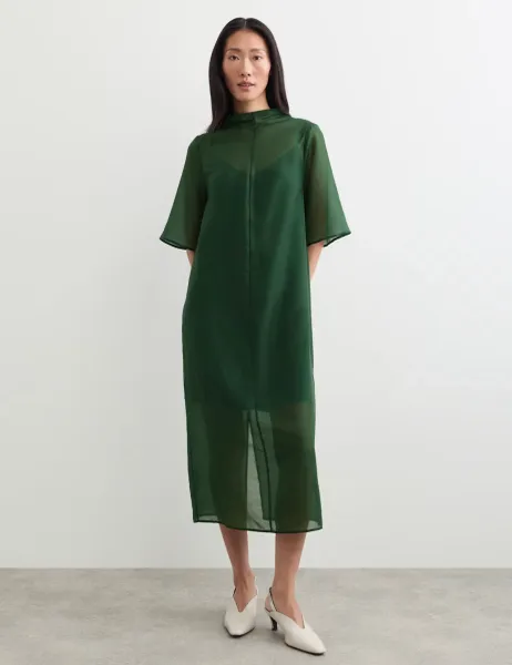Jaeger Organza Funnel Neck Midi Shift Dress Green