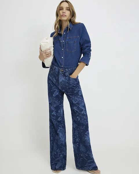 River Island Relaxed Straight Floral Print Jeans