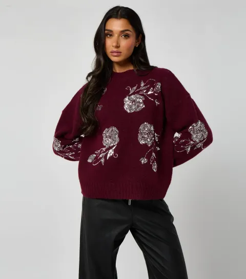 Urban Bliss Women's Dark Burgundy Floral Sequin Embroidered Jumper