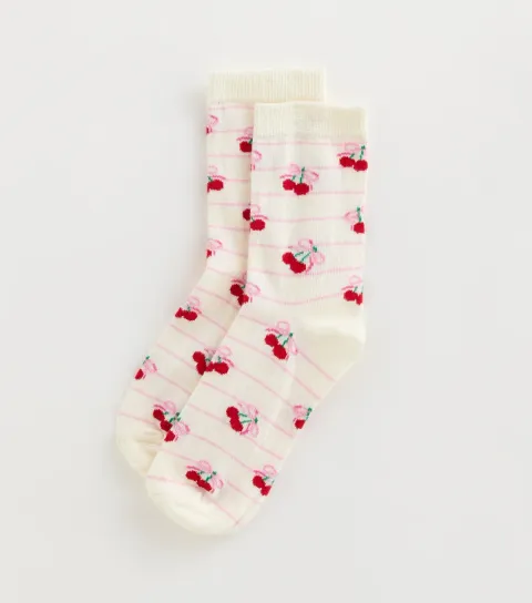 New Look Cream Stripe Cherry Bow Ankle Socks