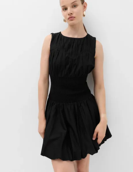 Marks & Spencer Pure Cotton Round Neck Shirred Mini Dress Black