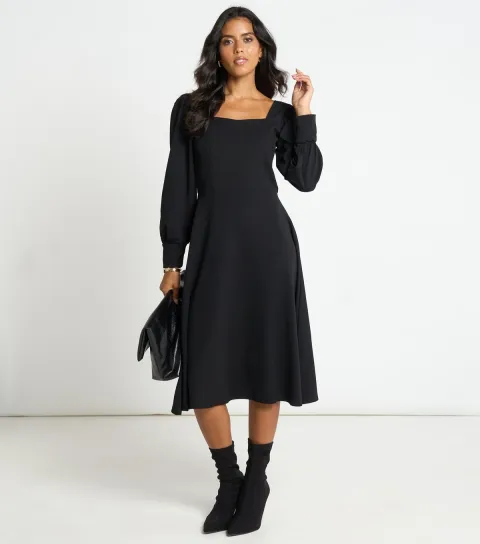 Apricot Women's Black Puff Sleeve A-Line Midi Dress