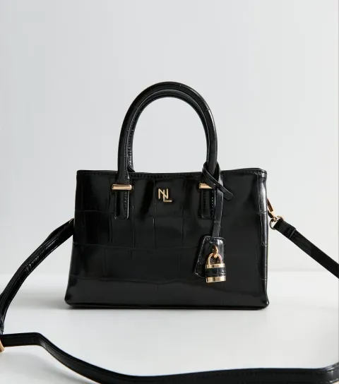 New Look Black Faux Patent Leather Crocodile Embossed Crossbody Mini Bag