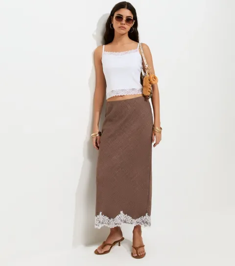 Women's Dark Brown Lace Trim Woven Midi Pencil Skirt