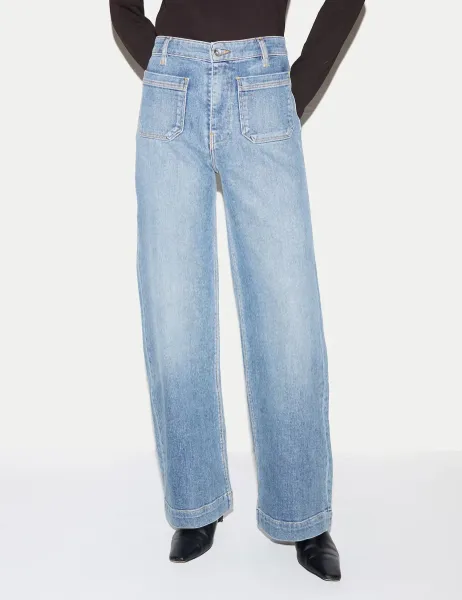Jigsaw Cotton Rich High Waisted Patch Pocket Wide Leg Jeans Medium Blue