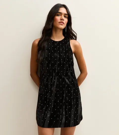 Women's Black Diamante Embellished Velvet Mini Dress