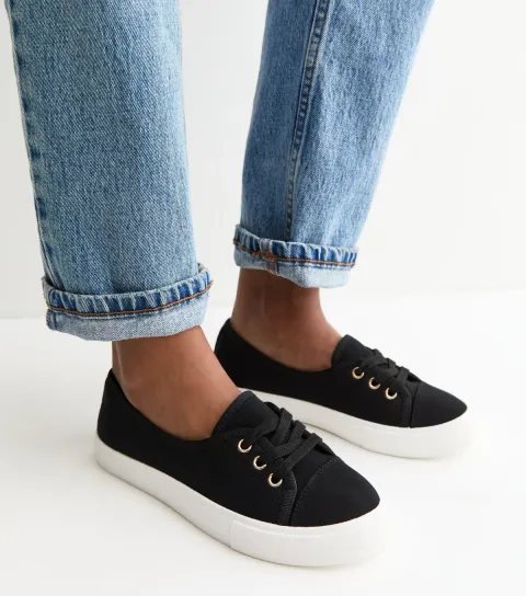 Women's Black Canvas Half Lace Up Trainers Vegan
