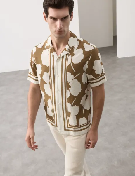 Autograph Floral Short Sleeve Shirt Khaki Mix