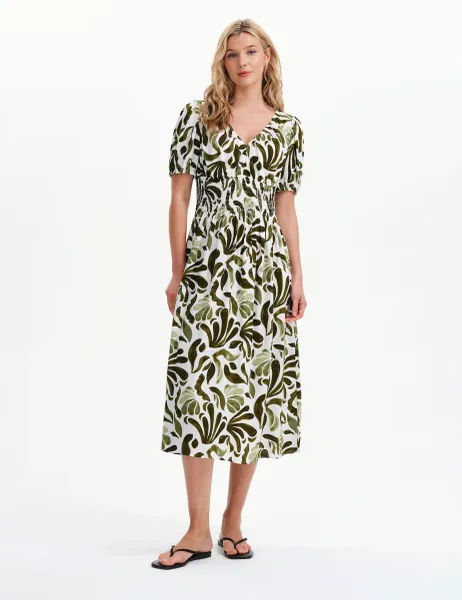 Finery London Palm Print V-Neck Midi Waisted Dress Green Mix