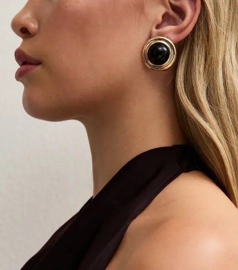 New Look Black Gem Gold-Tone Circle Stud Earrings