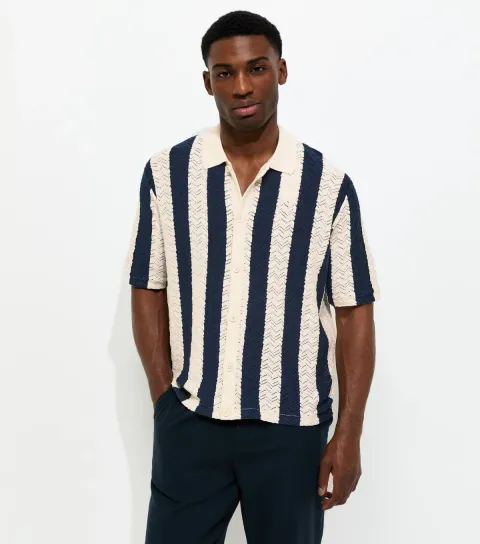 Men's Off White Relaxed Striped Knit Polo Shirt