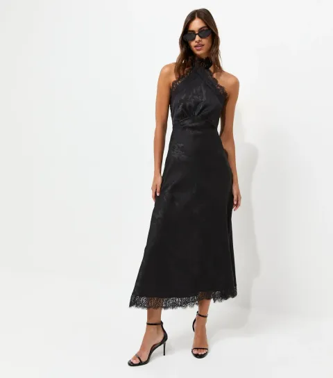 Women's Black Floral Satin Lace Trim Halterneck Midi Dress