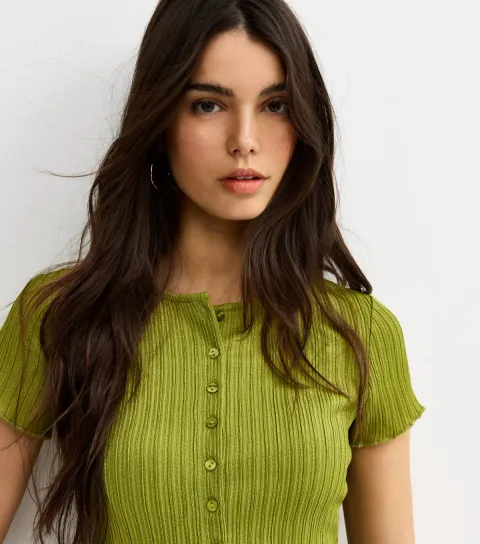 Women's Light Khaki Ribbed Texture Button Front T-Shirt
