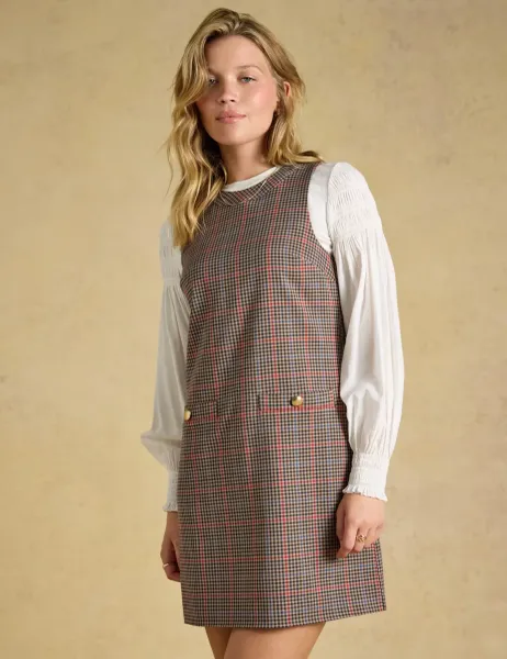 Joules Heritage Check Sleeveless Shift Dress Brown Mix