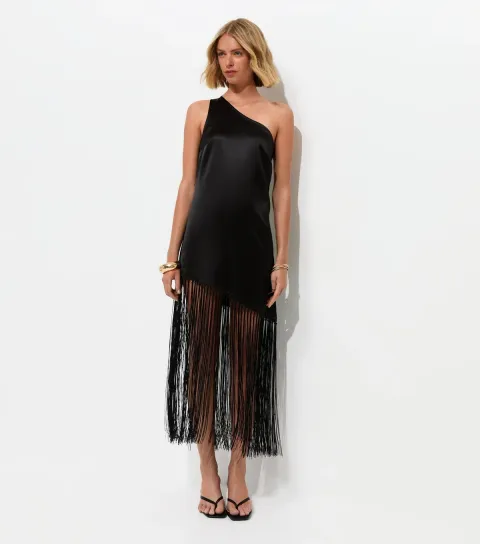 Women's Black Satin One Shoulder Tassel Trim Midi Dress