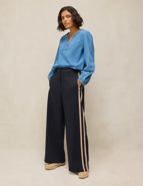 White Stuff Kenna Lyocell Rich Side Stripe Wide Leg Trousers Navy