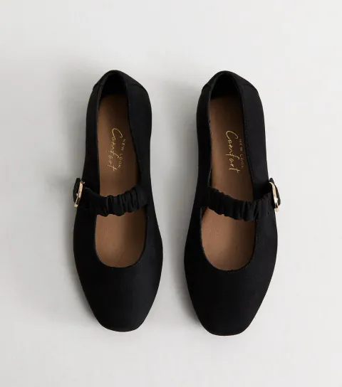 Women's Wide Fit Black Faux Suede Ruched Strap Mary Jane Shoes Vegan