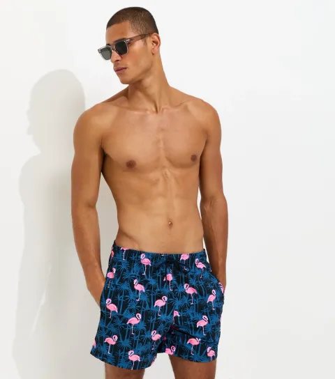 Men's Navy Relaxed Fit Flamingo Print Swim Shorts