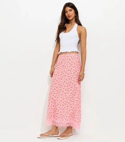 Women's Pink Floral Print Lace Hem Maxi Skirt