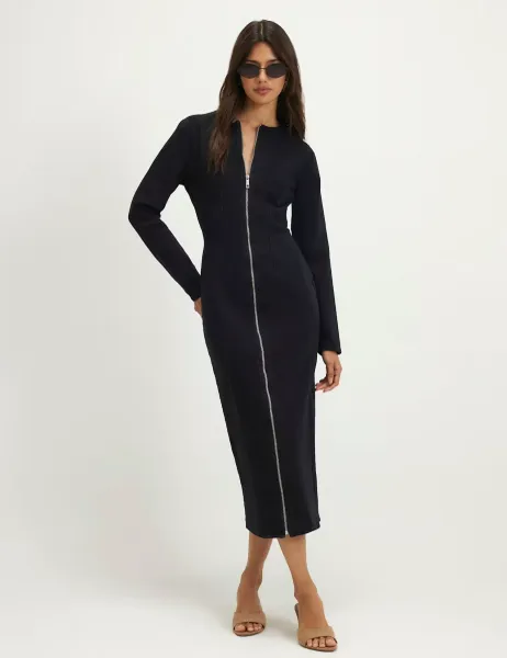 River Island Cotton Rich Zip Up Midi Bodycon Dress Black