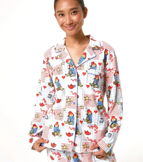 Skinnydip Women's White Cotton Paddington Bear Print Shirt and Trousers Pyjama Set With Scrunchie