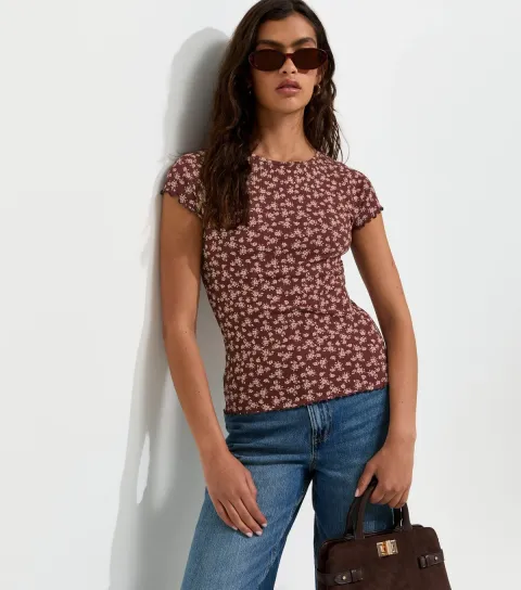 Women's Red Cotton Rich Ribbed Ditsy Print T-Shirt