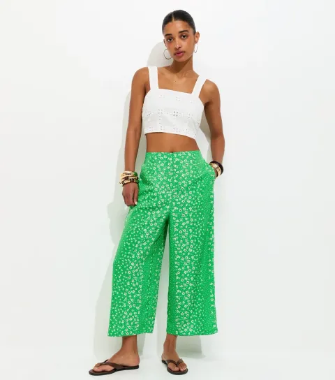 Women's Green Floral Print Cropped Wide Leg Trousers
